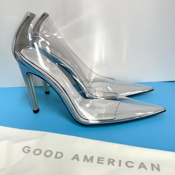 Good American "Glass Slipper" 4" Heels Size 7.5 Silver Clear GA275P-X New Read - Picture 1 of 15